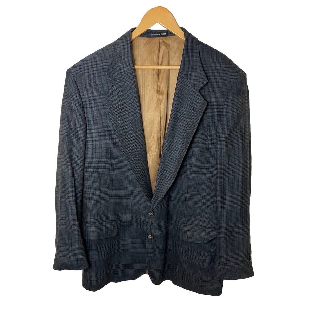 VTG Hunting Horn J Riggings Mens Checked Blue Sport Coat Blazer 44R Wool Blend